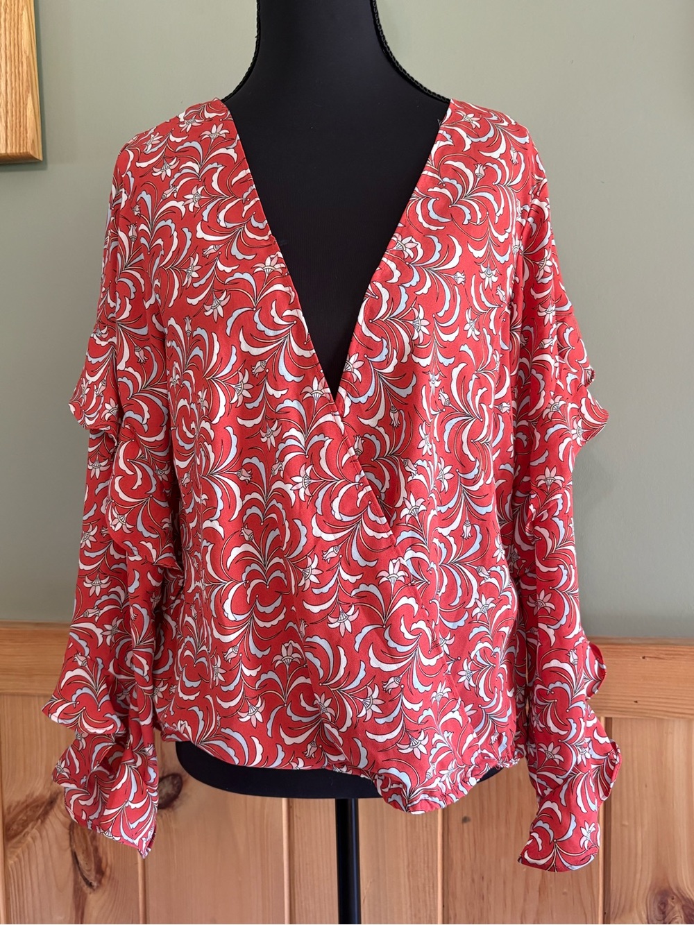 Max Studio Rust Floral Wrap-Style V-Neck Blouse W/ Statement Sleeves Size Small